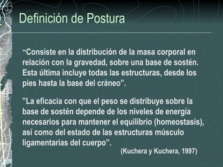 Definición de Postura

”Consiste en la distribución de la masa corporal en
relación con la gravedad, sobre una base de sostén.
Esta última incluye todas las estructuras, desde los
pies hasta la base del cráneo”.

”La eficacia con que el peso se distribuye sobre la
base de sostén depende de los niveles de energía
necesarios para mantener el equilibrio (homeostasis),
así como del estado de las estructuras músculo
ligamentarias del cuerpo”.
                             (Kuchera y Kuchera, 1997)
 