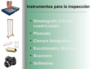 Instrumentos para la inspección


 • Simetógrafo o fondo
   cuadriculado
 • Plomada
 • Cámara fotográfica
 • Escoliómetro (Bunnel)
 • Scanners
 • Softwares
 