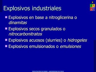 Explosivos industriales Explosivos en base a nitroglicerina o  dinamitas Explosivos secos granulados o  nitrocarbonitratos Explosivos acuosos (slurries) o  hidrogeles Explosivos emulsionados o  emulsiones   
