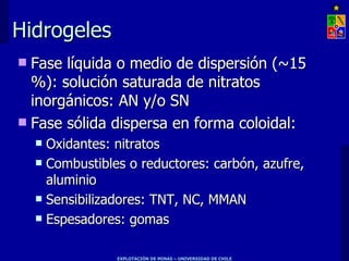 Hidrogeles Fase líquida o medio de dispersión (~15 %): solución saturada de nitratos inorgánicos: AN y/o SN Fase sólida dispersa en forma coloidal:  Oxidantes: nitratos Combustibles o reductores: carbón, azufre, aluminio Sensibilizadores: TNT, NC, MMAN Espesadores: gomas 