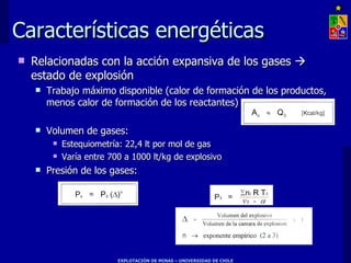 Características energéticas Relacionadas con la acción expansiva de los gases    estado de explosión Trabajo máximo disponible (calor de formación de los productos, menos calor de formación de los reactantes) Volumen de gases: Estequiometría: 22,4 lt por mol de gas Varía entre 700 a 1000 lt/kg de explosivo Presión de los gases: 