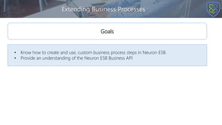 Extending Business Processes
• Know how to create and use, custom business process steps in Neuron ESB.
• Provide an understanding of the Neuron ESB Business API
Goals
 
