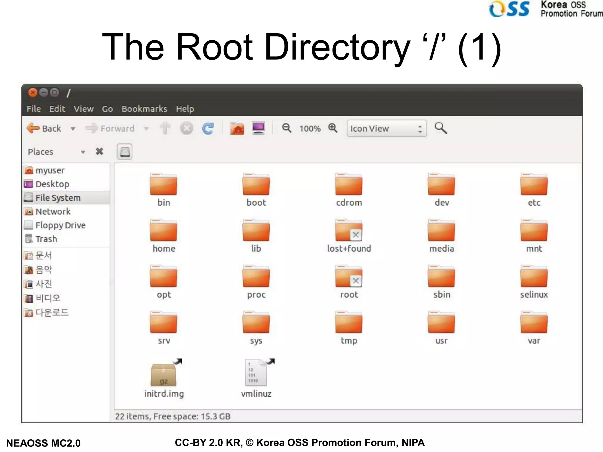 The Root Directory ‘/’ (1)




NEAOSS MC2.0       CC-BY 2.0 KR, © Korea OSS Promotion Forum, NIPA
 