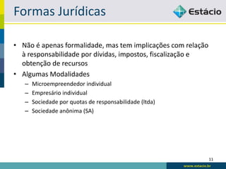 Formas Jurídicas

• Não é apenas formalidade, mas tem implicações com relação
  à responsabilidade por dívidas, impostos, fiscalização e
  obtenção de recursos
• Algumas Modalidades
   –   Microempreendedor individual
   –   Empresário individual
   –   Sociedade por quotas de responsabilidade (ltda)
   –   Sociedade anônima (SA)




                                                              11
 