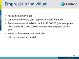 Empresário Individual

• Antiga firma individual
• Um único indivíduo, com responsabilidade ilimitada
• Faturamento anual máximo de R$ 240.000,00 (microempresa
  - ME) ou de R$ 2.400.000,00 (empresa de pequeno porte -
  EPP)
• Nome da firma é o nome do titular
• Não possui contrato social




                                                        13
 