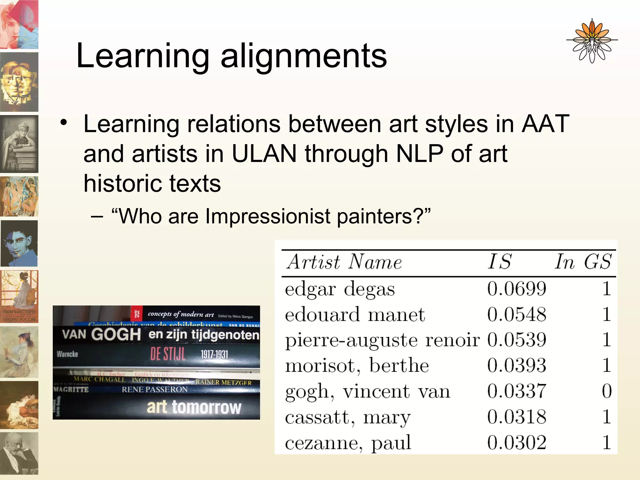 Learning alignments
• Learning relations between art styles in AAT
and artists in ULAN through NLP of art
historic texts
– “Who are Impressionist painters?”
 