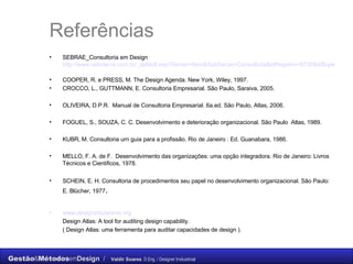 Referências SEBRAE_Consultoria em Design  http://www.sebrae-rs.com.br/_default.asp?Secao=Abrir&SubSecao=Consultoria&idRegistro=8735&idSuperior=8655   COOPER, R. e PRESS, M. The Design Agenda. New York, Wiley, 1997. CROCCO, L., GUTTMANN, E. Consultoria Empresarial. São Paulo, Saraiva, 2005. OLIVEIRA, D.P.R.  Manual de Consultoria Empresarial. 6a.ed. São Paulo, Atlas, 2006. FOGUEL, S., SOUZA, C. C. Desenvolvimento e deterioração organizacional. São Paulo  Atlas, 1989. KUBR, M. Consultoria urn guia para a profissão. Rio de Janeiro : Ed. Guanabara, 1986. MELLO, F. A. de F.  Desenvolvimento das organizações: uma opção integradora. Rio de Janeiro: Livros Técnicos e Cientificos, 1978.  SCHEIN, E. H. Consultoria de procedimentos seu papel no desenvolvimento organizacional. São Paulo: E. Blücher, 1977 . www.designinbusiness.org   Design Atlas: A tool for auditing design capability.  ( Design Atlas: uma ferramenta para auditar capacidades de design ). 