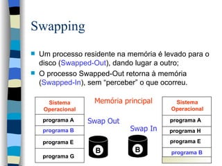 Swapping Um processo residente na memória é levado para o disco ( Swapped-Out ), dando lugar a outro; O processo Swapped-Out retorna à memória ( Swapped-In ), sem “perceber” o que ocorreu. programa B programa A programa E programa A programa G Sistema Operacional Memória principal programa H programa E programa A B B Swap In Swap Out Sistema Operacional programa B 