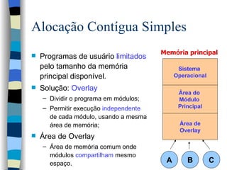 Alocação Contígua Simples Programas de usuário  limitados  pelo tamanho da memória principal disponível.  Solução:  Overlay Dividir o programa em módulos; Permitir execução  independente  de cada módulo, usando a mesma área de memória; Área de Overlay Área de memória comum onde módulos  compartilham  mesmo espaço. Memória principal  Sistema  Operacional Área de Overlay Área do  Módulo  Principal A B C 