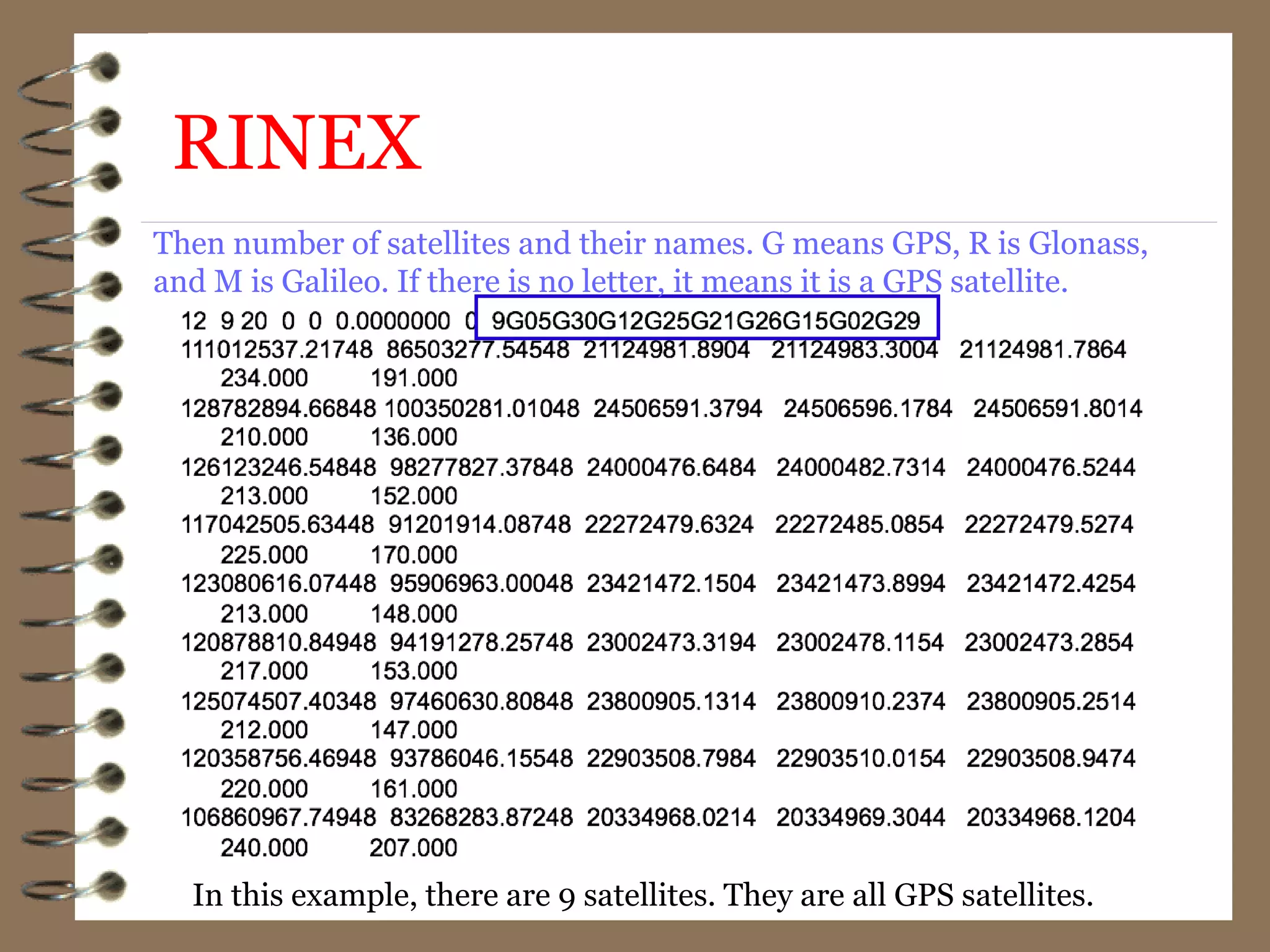 Then number of satellites and their names. G means GPS, R is Glonass,
and M is Galileo. If there is no letter, it means it is a GPS satellite.
In this example, there are 9 satellites. They are all GPS satellites.
RINEX
 
