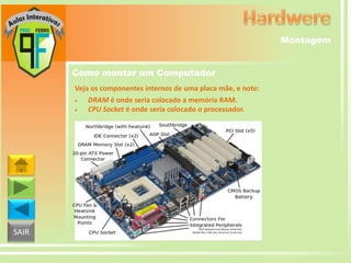 Montagem
Como montar um Computador
Veja os componentes internos de uma placa mãe, e note:
DRAM é onde seria colocado a memória RAM.
CPU Socket é onde seria colocado o processador.

SAIR

 