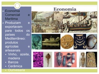 Economia Economia
Comercial e
Maritima
 Produziam e
exportavam
para todos os
países do
Mediterrâneo:
produtos
agrícolas e
artesanais
 Vinho, azeite,
madeira
 Barcos
 Cerâmica
 Ourivesaria
 