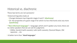 Historical vs. diachronic
These two terms are not synonyms!
• Historical linguistics looks at
• Changes between two linguistic stages X and Y (diachrony)
• Or: the properties of a given stage X for which no live informants exist any more
(synchrony)
• “Non-informant languages” = languages which aren’t spoken any more; there are
no native speakers that we can ask for judgments
• Hittite, Sanskrit (with caveats), Latin (with caveats), Classical Mayan, Old
Japanese … etc.
• A better term than “dead languages”
10
 