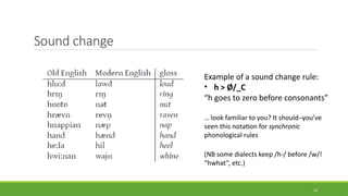 Sound change
16
Example of a sound change rule:
• h > Ø/_C
“h goes to zero before consonants”
… look familiar to you? It should─you’ve
seen this notation for synchronic
phonological rules
(NB some dialects keep /h-/ before /w/!
“hwhat”, etc.)
 