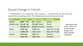 Sound change in French
• “l-vocalization”: in a sequence -VlC- (vowel - L - consonant), /l/ was lost and
raised the preceding vowel. The following consonant was also lost.
18
Latin Old French Modern French Meaning
calidus /ʧalt/ chalt /ʃo/ chaud ‘warm’
caballus (sg) /ʧəval/ (sg) /ʃ(ə)val/ cheval ‘horse’
/ʧəvals/ (pl) /ʃ(ə)vo/ chevaux ‘horses’
malus /mal/ (sg) /mal/ mal ‘bad, evil’ (m.sg)
/mals/ (pl) /mo/ maux ‘bad, evil’ (m.pl)
caelum /sjɛl/ (sg) /sjɛl/ ciel ‘heaven’
/sjɛls/ (pl) /sjø/ cieux ‘heavens’
… alternations like
/mal/ : /mo/, etc.:
synchronically
opaque, but
diachronically
explicable!
 