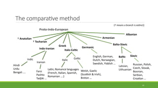 The comparative method
23
Proto-Indo-European
† Anatolian
† Tocharian
Indo-Iranian
Greek
Italo-Celtic
Balto-Slavic
Germanic
Armenian
Albanian
Indic
Iranian
Hindi
Urdu
Bengali .... Farsi
Pashto
Tadjiki …
Italic
Celtic
Latin; Romance languages
(French, Italian, Spanish,
Romanian ….)
English, German,
Dutch, Norwegian,
Swedish, Yiddish …
Baltic Slavic
Russian, Polish,
Czech, Slovak,
Bosnian,
Serbian,
Croatian …
Latvian,
Lithuanian
Welsh, Gaelic
(Scottish & Irish),
Breton …
(† means a branch is extinct)
 