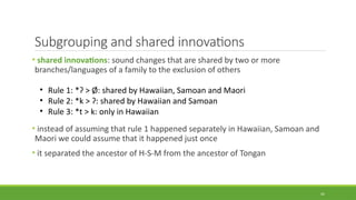 Subgrouping and shared innovations
• shared innovations: sound changes that are shared by two or more
branches/languages of a family to the exclusion of others
• instead of assuming that rule 1 happened separately in Hawaiian, Samoan and
Maori we could assume that it happened just once
• it separated the ancestor of H-S-M from the ancestor of Tongan
42
• Rule 1: *ʔ > Ø: shared by Hawaiian, Samoan and Maori
• Rule 2: *k > ʔ: shared by Hawaiian and Samoan
• Rule 3: *t > k: only in Hawaiian
 
