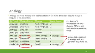 Analogy
• Analogy can really mess up our reconstructions: it can make it look as if a sound change is
irregular or has exceptions
53
Old French Modern French Meaning Sound change?
/mal/ (sg) /mal/ mal ‘bad, evil’ (m.sg) 
/mals/ (pl) /mo/ maux ‘bad, evil’ (m.pl) 
/sjɛl/ (sg) /sjɛl/ ciel ‘heaven’ 
/sjɛls/ (pl) /sjø/ cieux ‘heavens’ 
/bɛl/ (sg) /bo/ beau ‘pretty’ (m.sg.)  (analogy)
/bɛls/ (pl) /bo/ beaux ‘pretty’ (m.pl.) 
/ɔstɛl/ (sg) /otɛl/ hôtel ‘hotel’ 
/ɔstɛls/ (pl) /otɛl/ hôtels ‘hotels’  (analogy)
Ex.: French “l-
vocalization” in -VlC(-)
clusters: /lC/ was lost
and raised the preceding
vowel
unexpected outcomes!
→ analogy with, e.g.,
/ʃa/ chat - /ʃa/ chats, etc.
 