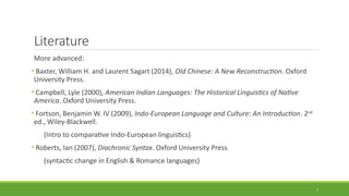 Literature
More advanced:
• Baxter, William H. and Laurent Sagart (2014), Old Chinese: A New Reconstruction. Oxford
University Press.
• Campbell, Lyle (2000), American Indian Languages: The Historical Linguistics of Native
America. Oxford University Press.
• Fortson, Benjamin W. IV (2009), Indo-European Language and Culture: An Introduction. 2nd
ed., Wiley-Blackwell.
(Intro to comparative Indo-European linguistics)
• Roberts, Ian (2007), Diachronic Syntax. Oxford University Press
(syntactic change in English & Romance languages)
7
 