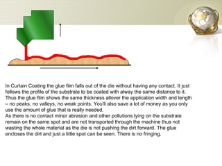 In Curtain Coating the glue film falls out of the die without having any contact. It just follows the profile of the substrate to be coated with alway the same distance to it. Thus the glue film shows the same thickness allover the application width and length – no peaks, no valleys, no weak points. You’ll also save a lot of money as you only use the amount of glue that is really needed. As there is no contact minor abrasion and other pollutions lying on the substrate remain on the same spot and are not transported through the machine thus not wasting the whole material as the die is not pushing the dirt forward. The glue encloses the dirt and just a little spot can be seen. There is no fringing. 