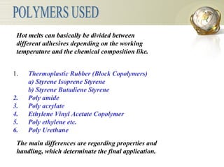   1.       Thermoplastic Rubber (Block Copolymers) a) Styrene Isoprene Styrene b) Styrene Butadiene Styrene 2.      Poly amide 3.      Poly acrylate 4.      Ethylene Vinyl Acetate Copolymer 5.      Poly ethylene etc. 6.  Poly Urethane POLYMERS USED  Hot melts can basically be divided between different adhesives depending on the working temperature and the chemical composition like.  The main differences are regarding properties and handling, which determinate the final application. 