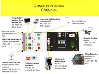 Conection Room
Y Arcade
Computadora	
  
Monitor	
  Benq	
  
Nscreen	
  i91	
  
Ref.:5809701	
  
Oﬃce	
  Depot	
  
	
  
Mural	
  de	
  Relojes	
  	
  
con	
  la	
  hora	
  de	
  cada	
  	
  
País.	
  

Impresora	
  MulZfuncional	
  	
  
Lexmark	
  5070	
  
Ref.:3405789	
  
Oﬃce	
  Depot	
  
	
  

Mesa	
  Air	
  Hockey	
  
Arcade	
  
1.82	
  x	
  .97	
  x	
  .80	
  
InforChess	
  
	
  
	
  

MELTORP	
  Mesa	
  Blanca	
  
Acero	
  y	
  polipropileno	
  
.70	
  x	
  1.60	
  
IKEA	
  
	
  
	
  

Silla	
  Giratoria	
  BRISTOL	
  
Polipropileno	
  y	
  acero	
  	
  
cromado	
  
Ancho:	
  .53	
  	
  	
  Fondo:	
  .53	
  
Maisons	
  du	
  Monde	
  

Booth	
  de	
  Teléfono	
  
en	
  Acrílico	
  Clear	
  

Teléfonos	
  Heraldo	
  
de	
  Colores	
  	
  
Años	
  60	
  -­‐70	
  
La	
  casa	
  de	
  los	
  Roper	
  
	
  

Maquina	
  de	
  	
  
Videojuegos	
  
Arcade	
  
.60	
  x	
  .80	
  x	
  1.80	
  
Mercado	
  Libre	
  
	
  
	
  

Mesa	
  Futbolito	
  
Acabado	
  en	
  	
  
Madera	
  
1.50	
  x	
  .80	
  x	
  .85	
  
OLX	
  
	
  
	
  

 