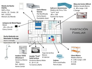 Mesita	
  de	
  Noche	
  
PASTEL	
  
MDF	
  y	
  Pino	
  	
  
Ancho:	
  .35	
  	
  	
  Fondo:	
  .30	
  
Ref.:	
  135252	
  
Maisons	
  du	
  Monde	
  
	
  	
  

Sofá	
  en	
  L	
  Westminster	
  
Cama	
  Blanca	
  	
  
Madera	
  de	
  Pino	
  y	
  Tela	
  
Verona	
  
“surin”	
  azul	
  
Piel	
  Rec=ﬁcada	
   .80	
  x	
  	
  2.00	
  	
  
Cama	
  Queen	
  
Fashion	
  for	
  Home	
  
Portobello	
  Steet	
   	
  	
  
	
  	
  

Lámpara	
  de	
  Metal	
  Negra	
  
Metal	
  
	
  .20	
  x	
  .20	
  x.30	
  
Casa	
  y	
  Lienzo	
  
	
  	
  

Mesa	
  de	
  Centro	
  MELLA	
  
Madera	
  lacada	
  Blanca	
  	
  
A:	
  .80	
  x	
  Largo:	
  1.00	
  	
  
C	
  Design	
  
	
  	
  

Habitación
Familiar

Ducha	
  Redonda	
  con	
  	
  
Mezclador	
  X-­‐change	
  
Acero	
  cromado	
  
Rubinekerie	
  3M	
  
	
  	
  

Tope	
  de	
  Acrílico	
  	
  
Blanco	
  
Inodoro	
  TOTO	
  
Lavabo	
  “Fruit”	
  
A	
  Fabricar	
  	
  
Ultramax	
  II	
  
Solid	
  Surface	
  
Cerámica	
  Blanca	
   Cerámica	
  Blanca	
  Mate	
  
Cojines	
  
	
  Mate	
  
Extra	
  acolchados	
  
R:	
  .39	
  	
  H:.19	
  
Ref.:	
  365915	
  
Para	
  el	
  piso	
  
Tu	
  Cocina	
  y	
  Baño	
  
Home	
  Center	
  
	
  	
  

Litera	
  Blanca	
  
Madera	
  Blanca	
  	
  
A:	
  1.00	
  x	
  Largo:	
  2.00	
  	
  
H:	
  1.40	
  
AKASA	
  
	
  	
  

 