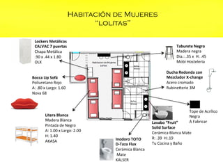 Habitación de Mujeres
“lolitas”
Lockers	
  Metálicos	
  
CALVAC	
  7	
  puertas	
  
Chapa	
  Metálica	
  	
  
.90	
  x	
  .44	
  x	
  1.80	
  
OLX	
  

Taburete	
  Negro	
  
Madera	
  negra	
  	
  
Dia.:	
  .35	
  x	
  	
  H:	
  .45	
  
Mobi	
  Hosteleria	
  
	
  
Ducha	
  Redonda	
  con	
  	
  
Mezclador	
  X-­‐change	
  
Acero	
  cromado	
  
Rubinekerie	
  3M	
  
	
  	
  

Bocca	
  Lip	
  Sofá	
  
Poliuretano	
  Rojo	
  
A:	
  .80	
  x	
  Largo:	
  1.60	
  	
  
Nova	
  68	
  

Litera	
  Blanca	
  
Madera	
  Blanca	
  	
  
Pintada	
  de	
  Negro	
  
A:	
  1.00	
  x	
  Largo:	
  2.00	
  	
  
H:	
  1.40	
  
AKASA	
  
	
  	
  

Tope	
  de	
  Acrílico	
  	
  
Negra	
  
A	
  Fabricar	
  	
  

Inodoro	
  TOTO	
  
D-­‐Taza	
  Flux	
  
Cerámica	
  Blanca	
  
	
  Mate	
  
KALSER	
  
	
  	
  

Lavabo	
  “Fruit”	
  
Solid	
  Surface	
  
Cerámica	
  Blanca	
  Mate	
  
R:	
  .39	
  	
  H:.19	
  
Tu	
  Cocina	
  y	
  Baño	
  
	
  	
  

 