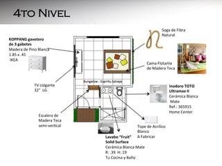 4to Nivel
Soga	
  de	
  Fibra	
  
Natural	
  

KOPPANG	
  gavetero	
  	
  
de	
  3	
  gabetes	
  	
  
Madera	
  de	
  Pino	
  Blanca	
  	
  
1.85	
  x	
  .45	
  
	
  IKEA	
  
	
  
	
  	
  

Cama	
  Flotante	
  
de	
  Madera	
  Teca	
  	
  

TV	
  colgante	
  
32”	
  	
  LG	
  

Escalera	
  de	
  	
  
Madera	
  Teca	
  
semi-­‐ver=cal	
  

Inodoro	
  TOTO	
  
Ultramax	
  II	
  
Cerámica	
  Blanca	
  
	
  Mate	
  
Ref.:	
  365915	
  
Home	
  Center	
  
	
  	
  
Tope	
  de	
  Acrílico	
  	
  
Blanco	
  
A	
  Fabricar	
  	
  

Lavabo	
  “Fruit”	
  
Solid	
  Surface	
  
Cerámica	
  Blanca	
  Mate	
  
R:	
  .39	
  	
  H:.19	
  
Tu	
  Cocina	
  y	
  Baño	
  
	
  	
  

 