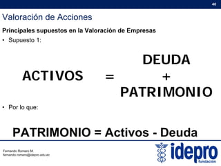 Valoración de Acciones
40
Principales supuestos en la Valoración de Empresas
• Supuesto 1:
ACTIVOS
DEUDA
ACTIVOS = +
PATRIMONIO
• Por lo que:
PATRIMONIO
PATRIMONIO = Activos - Deuda
Fernando Romero M.
fernando.romero@idepro.edu.ec
 