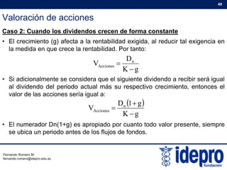 Valoración de acciones
49
Caso 2: Cuando los dividendos crecen de forma constante
• El crecimiento (g) afecta a la rentabilidad exigida, al reducir tal exigencia en
la medida en que crece la rentabilidad Por tanto:la medida en que crece la rentabilidad. Por tanto:
gK
D
V n
Acciones


• Si adicionalmente se considera que el siguiente dividendo a recibir será igual
al dividendo del periodo actual más su respectivo crecimiento, entonces el
valor de las acciones sería igual a:
g
g
 
gK
g1D
V n
Acciones



• El numerador Dn(1+g) es apropiado por cuanto todo valor presente, siempre
se ubica un periodo antes de los flujos de fondos.
Fernando Romero M.
fernando.romero@idepro.edu.ec
 