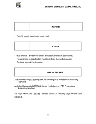 BMM3110 SINTAKSIS BAHASA MELAYU 
AKTIVITI 
1. Tulis 10 contoh frasa kerja tanpa objek 
LATIHAN 
1. Buat analisis binaan frasa kerja berdasarkan sebuah cerpen atau 
rencana yang terdapat dalam majalah terbitan Dewan Bahasa dan 
Pustaka, atau akhbar tempatan. 
BAHAN BACAAN 
Abdullah Hassan (2005) Linguistik Am. Pahang:PTS Professional Publishing 
Sdn.Bhd. 
Abdullah Hassan et.al (2006) Sintaksis. Kuala Lumpur. PTS Professional 
Publishing Sdn.Bhd. 
Siti Hajar Abdul Aziz (2008). Bahasa Melayu II. Petaling Jaya: Oxford Fajar 
Sdn.Bhd. 
33 
 
