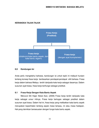 BMM3110 SINTAKSIS BAHASA MELAYU 
KERANGKA TAJUK-TAJUK 
6.0 Kandungan Isi 
Anda perlu mengetahui bahawa, kandungan isi untuk topik ini meliputi huraian 
tentang konsep frasa kerja berdasarkan pendapat-pendapat ahli bahasa. Frasa 
kerja dalam bahasa Melayu terdiri daripada kata kerja sebagai dasarnya. Dalam 
susunan ayat biasa, frasa kerja berfungsi sebagai predikat. 
6.1 Frasa Kerja Dengan Kata Bantu Aspek 
Menurut Siti Hajar Abdul Aziz. (2008) Frasa kerja terdiri daripada kata 
kerja sebagai unsur intinya. Frasa kerja bertugas sebagai predikat dalam 
susunan ayat biasa. Dalam hal ini, frasa kerja yang melibatkan kata bantu aspek 
merupakan keperihalan tentang aspek masa lampau, ini atau masa hadapan. 
Hal yang demikian bersesuaian dengan fungsi kata bantu aspek. 
35 
 