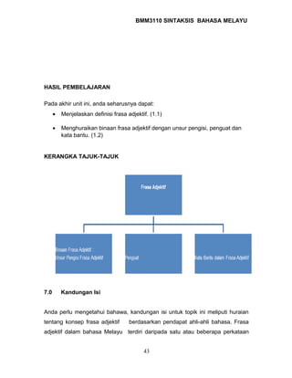 BMM3110 SINTAKSIS BAHASA MELAYU 
HASIL PEMBELAJARAN 
Pada akhir unit ini, anda seharusnya dapat: 
· Menjelaskan definisi frasa adjektif. (1.1) 
· Menghuraikan binaan frasa adjektif dengan unsur pengisi, penguat dan 
kata bantu. (1.2) 
KERANGKA TAJUK-TAJUK 
7.0 Kandungan Isi 
Anda perlu mengetahui bahawa, kandungan isi untuk topik ini meliputi huraian 
tentang konsep frasa adjektif berdasarkan pendapat ahli-ahli bahasa. Frasa 
adjektif dalam bahasa Melayu terdiri daripada satu atau beberapa perkataan 
43 
 