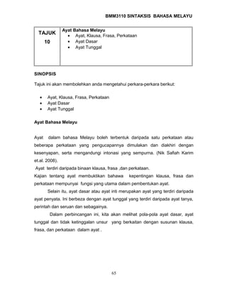 BMM3110 SINTAKSIS BAHASA MELAYU 
TAJUK 
10 
Ayat Bahasa Melayu 
· Ayat, Klausa, Frasa, Perkataan 
· Ayat Dasar 
· Ayat Tunggal 
SINOPSIS 
Tajuk ini akan membolehkan anda mengetahui perkara-perkara berikut: 
· Ayat, Klausa, Frasa, Perkataan 
· Ayat Dasar 
· Ayat Tunggal 
Ayat Bahasa Melayu 
Ayat dalam bahasa Melayu boleh terbentuk daripada satu perkataan atau 
beberapa perkataan yang pengucapannya dimulakan dan diakhiri dengan 
kesenyapan, serta mengandungi intonasi yang sempurna. (Nik Safiah Karim 
et.al. 2008). 
Ayat terdiri daripada binaan klausa, frasa ,dan perkataan. 
Kajian tentang ayat membuktikan bahawa kepentingan klausa, frasa dan 
perkataan mempunyai fungsi yang utama dalam pembentukan ayat. 
Selain itu, ayat dasar atau ayat inti merupakan ayat yang terdiri daripada 
ayat penyata. Ini berbeza dengan ayat tunggal yang terdiri daripada ayat tanya, 
perintah dan seruan dan sebagainya. 
Dalam perbincangan ini, kita akan melihat pola-pola ayat dasar, ayat 
tunggal dan tidak ketinggalan unsur yang berkaitan dengan susunan klausa, 
frasa, dan perkataan dalam ayat . 
65 
 