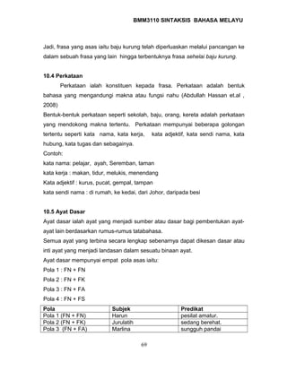 BMM3110 SINTAKSIS BAHASA MELAYU 
Jadi, frasa yang asas iaitu baju kurung telah diperluaskan melalui pancangan ke 
dalam sebuah frasa yang lain hingga terbentuknya frasa sehelai baju kurung. 
10.4 Perkataan 
Perkataan ialah konstituen kepada frasa. Perkataan adalah bentuk 
bahasa yang mengandungi makna atau fungsi nahu (Abdullah Hassan et.al , 
2008) 
Bentuk-bentuk perkataan seperti sekolah, baju, orang, kereta adalah perkataan 
yang mendokong makna tertentu. Perkataan mempunyai beberapa golongan 
tertentu seperti kata nama, kata kerja, kata adjektif, kata sendi nama, kata 
hubung, kata tugas dan sebagainya. 
Contoh: 
kata nama: pelajar, ayah, Seremban, taman 
kata kerja : makan, tidur, melukis, menendang 
Kata adjektif : kurus, pucat, gempal, tampan 
kata sendi nama : di rumah, ke kedai, dari Johor, daripada besi 
10.5 Ayat Dasar 
Ayat dasar ialah ayat yang menjadi sumber atau dasar bagi pembentukan ayat-ayat 
lain berdasarkan rumus-rumus tatabahasa. 
Semua ayat yang terbina secara lengkap sebenarnya dapat dikesan dasar atau 
inti ayat yang menjadi landasan dalam sesuatu binaan ayat. 
Ayat dasar mempunyai empat pola asas iaitu: 
Pola 1 : FN + FN 
Pola 2 : FN + FK 
Pola 3 : FN + FA 
Pola 4 : FN + FS 
Pola Subjek Predikat 
Pola 1 (FN + FN) Harun pesilat amatur. 
Pola 2 (FN + FK) Jurulatih sedang berehat. 
Pola 3 (FN + FA) Marlina sungguh pandai 
69 
 