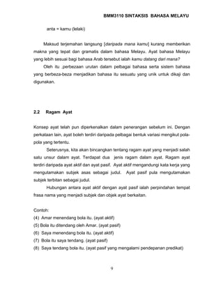 BMM3110 SINTAKSIS BAHASA MELAYU 
anta = kamu (lelaki) 
Maksud terjemahan langsung [daripada mana kamu] kurang memberikan 
makna yang tepat dan gramatis dalam bahasa Melayu. Ayat bahasa Melayu 
yang lebih sesuai bagi bahasa Arab tersebut ialah kamu datang dari mana? 
Oleh itu ,perbezaan urutan dalam pelbagai bahasa serta sistem bahasa 
yang berbeza-beza menjadikan bahasa itu sesuatu yang unik untuk dikaji dan 
digunakan. 
2.2 Ragam Ayat 
Konsep ayat telah pun diperkenalkan dalam penerangan sebelum ini. Dengan 
perkataan lain, ayat boleh terdiri daripada pelbagai bentuk variasi mengikut pola-pola 
yang tertentu. 
Seterusnya, kita akan bincangkan tentang ragam ayat yang menjadi salah 
satu unsur dalam ayat. Terdapat dua jenis ragam dalam ayat. Ragam ayat 
terdiri daripada ayat aktif dan ayat pasif. Ayat aktif mengandungi kata kerja yang 
mengutamakan subjek asas sebagai judul. Ayat pasif pula mengutamakan 
subjek terbitan sebagai judul. 
Hubungan antara ayat aktif dengan ayat pasif ialah perpindahan tempat 
frasa nama yang menjadi subjek dan objek ayat berkaitan. 
Contoh: 
(4) Amar menendang bola itu. (ayat aktif) 
(5) Bola itu ditendang oleh Amar. (ayat pasif) 
(6) Saya menendang bola itu. (ayat aktif) 
(7) Bola itu saya tendang. (ayat pasif) 
(8) Saya tendang bola itu. (ayat pasif yang mengalami pendepanan predikat) 
9 
 