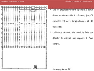 UNIVERSITE SAINT-ESPRIT DE KASLIK                              HISTOIRE ET THEORIE DE L’ARCHITECTURE
I
FACULTE DES BEAUX-ARTS ET DES ARTS APPLIQUES
200920/08/L’ISLAM
                                                Elle fut progressivement agrandie, à partir

                                                 d’une modeste salle à colonnes, jusqu’à

                                                 compter 19 nefs longitudinales et 35

                                                 transepts.

                                                L’absence de souci de symétrie finit par

                                                 décaler le mihrab par rapport à l’axe

                                                 central.




                                                 La mosquée en 961
 