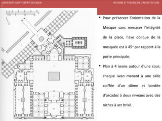 UNIVERSITE SAINT-ESPRIT DE KASLIK                      HISTOIRE ET THEORIE DE L’ARCHITECTURE
I
FACULTE DES BEAUX-ARTS ET DES ARTS APPLIQUES
200920/08/L’ISLAM

                                                Pour préserver l’orientation de la

                                                 Mecque sans menacer l’intégrité

                                                 de la place, l’axe oblique de la

                                                 mosquée est à 45o par rapport à la

                                                 porte principale.

                                                Plan à 4 iwans autour d’une cour,

                                                 chaque iwan menant à une salle

                                                 coiffée d’un dôme et bordée

                                                 d’arcades à deux niveaux avec des

                                                 niches à arc brisé.
 