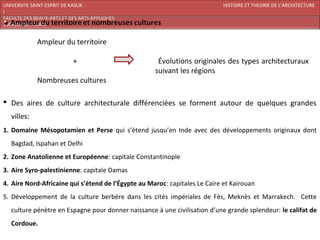 UNIVERSITE SAINT-ESPRIT DE KASLIK                                           HISTOIRE ET THEORIE DE L’ARCHITECTURE
I
FACULTE DES BEAUX-ARTS ET DES ARTS APPLIQUES
200920/08/L’ISLAM


             Ampleur du territoire

                           +                         Évolutions originales des types architecturaux
                                                    suivant les régions
             Nombreuses cultures

 Des aires de culture architecturale différenciées se forment autour de quelques grandes
   villes:
1. Domaine Mésopotamien et Perse qui s’étend jusqu’en Inde avec des développements originaux dont
   Bagdad, Ispahan et Delhi
2. Zone Anatolienne et Européenne: capitale Constantinople
3. Aire Syro-palestinienne: capitale Damas
4. Aire Nord-Africaine qui s’étend de l’Égypte au Maroc: capitales Le Caire et Kairouan
5. Développement de la culture berbère dans les cités impériales de Fès, Meknès et Marrakech. Cette
   culture pénètre en Espagne pour donner naissance à une civilisation d’une grande splendeur: le califat de
   Cordoue.
 