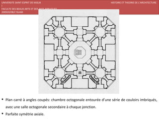 UNIVERSITE SAINT-ESPRIT DE KASLIK                               HISTOIRE ET THEORIE DE L’ARCHITECTURE
I
FACULTE DES BEAUX-ARTS ET DES ARTS APPLIQUES
200920/08/L’ISLAM




 Plan carré à angles coupés: chambre octogonale entourée d’une série de couloirs imbriqués,
   avec une salle octogonale secondaire à chaque jonction.
 Parfaite symétrie axiale.
 
