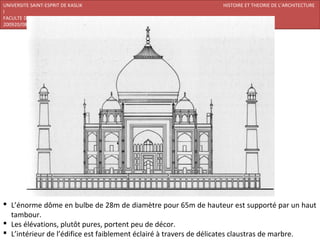 UNIVERSITE SAINT-ESPRIT DE KASLIK                                HISTOIRE ET THEORIE DE L’ARCHITECTURE
I
FACULTE DES BEAUX-ARTS ET DES ARTS APPLIQUES
200920/08/L’ISLAM




 L’énorme dôme en bulbe de 28m de diamètre pour 65m de hauteur est supporté par un haut
  tambour.
 Les élévations, plutôt pures, portent peu de décor.
 L’intérieur de l’édifice est faiblement éclairé à travers de délicates claustras de marbre.
 