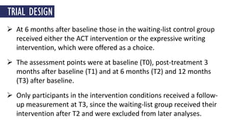 At 6 months after baseline those in the waiting-list control group
received either the ACT intervention or the expressive writing
intervention, which were offered as a choice.
 The assessment points were at baseline (T0), post-treatment 3
months after baseline (T1) and at 6 months (T2) and 12 months
(T3) after baseline.
 Only participants in the intervention conditions received a follow-
up measurement at T3, since the waiting-list group received their
intervention after T2 and were excluded from later analyses.
TRIAL DESIGN
 