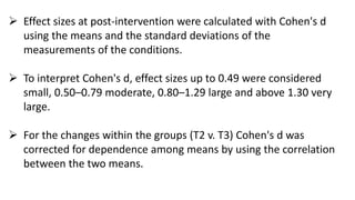  Effect sizes at post-intervention were calculated with Cohen's d
using the means and the standard deviations of the
measurements of the conditions.
 To interpret Cohen's d, effect sizes up to 0.49 were considered
small, 0.50–0.79 moderate, 0.80–1.29 large and above 1.30 very
large.
 For the changes within the groups (T2 v. T3) Cohen's d was
corrected for dependence among means by using the correlation
between the two means.
 