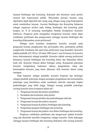 14
layanan bimbingan dan konseling. Kekuatan dan eksistensi suatu profesi
muncul dari kepercayaan publik. Masyarakat percaya layanan yang
diperlukan dapat diperoleh dari orang yang sebagai orang yang berkompeten
untuk memberikan layanan. Asosiasi Bimbingan dan Konseling Indonesia
sebagai organisasi profesi pada bidang bimbingan dan konseling pada
kongres ke X di semarang menetapkan Standar Kompetensi Konselor
Indonesia. Pengawas perlu mengetahui kompetensi konselor untuk dapat
melakukan pembinaan dan pengawasaan sehingga layanan bimbingan dan
konseling dilaksanakan secara profesional
Sebagai suatu keutuhan kompetensi konselor merujuk pada
pengusaan konsep, penghayatan dan perwujudan nilai, penampilan pribadi
yangbersifat membantu dan ujuk kerja profesional yang akuntabel. Konselor
adalah pendidik (UU RI no. 20 tahun 2003 pasal 1 ayat 6) karena itu konselor
harus berkompetensi sebagai pendidik. Konselor adalah seorang profesional
karenanya layanan bimbingan dan konseling diatur dan didasarkan dalam
kode etik. Konselor bekerja dalam berbagai seting. Keragaman pekerjaan
konselor mengandung maknanya adanya pengetahuan, sikap dan
keterampilan bersama yang harus dikuasasi oleh konselor dalam seting
manapun.
Pada kapasitas sebagai pendidik, konselor berperan dan berfungsi
sebagai pendidik psikologis dengan perangkat pengetahuan dan keterampilan
psikologis yang dimilikinya untuk membantu individu mencapai tingkat
perkembangan yang lebih tinggi. Sebagai seorang pendidik psikologis
seorang konselor harus kompeten dalam hal :
1. Penguasaan konsep dan praksis pendidikan
2. Kesadaran dan komitmen etika profesi
3. Penguasaan konsep perilaku dan perkembangan individu
4. Penguasaan konsep dan praksis asesmen
5. Penguasaan konsep da praksis bimbingan dan konseling
6. Pengelolaan program bimbingan dan konseling
7. Penguasaan konsep dan praksis riset dalam bimbingan dan konseling
Pengawas melakukan pembinaan dan pengawasan apakah konselor
yang ada disekolah memiliki kompetensi sebagai konselor. Perlu dukungan
sehingga layanan bimbingan dan konseling dilakukan oleh seorang konselor
 