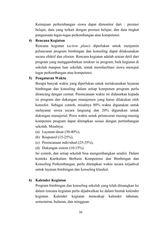 30
Kemajuan perkembangan siswa dapat dimonitor dari : prestasi
belajar, data yang terkait dengan prestasi belajar, dan data tingkat
penguasaan tugas-tugas perkembangan atau kompetensi.
4) Rencana Kegiatan
Rencana kegiatan (action plans) diperlukan untuk menjamin
peluncuran program bimbingan dan konseling dapat dilaksanakan
secara efektif dan efesien. Rencana kegiatan adalah uraian detil dari
program yang menggambarkan struktur isi program, baik kegiatan di
sekolah maupun luar sekolah, untuk memfasilitasi siswa mencpai
tugas perkembangan atau kompetensi.
5) Pengaturan Waktu
Berapa banyak waktu yang diperlukan untuk melaksanakan layanan
bimbingan dan konseling dalam setiap komponen program perlu
dirancang dengan cermat. Perencanaan waktu ini didasarkan kepada
isi program dan dukungan manajemen yang harus dilakukan oleh
konselor. Sebagai contoh, misalnya 80% waktu digunakan untuk
melayanai siswa secara langsung dan 20% digunakan untuk
dukungan manajerial. Porsi waktu untuk peluncuran masing-masing
komponen program dapat ditetapkan sesuai dengan pertimbangan
sekolah. Misalnya:
(a) Layanan dasar (30-40%),
(b) Responsif (15-25%),
(c) Perencanaan individual (25-35%),
(d) Dukungan sistem (10-15%).
Ini contoh, dan setiap sekolah bisa mengembangkan sendiri. Dalam
konteks Kurikulum Berbasis Kompetensi dan Bimbingan dan
Konseling Perkembangan, perlu ditetapkan waktu secara terjadwal
untuk layanan bimbingan dan konseling klasikal.
6) Kalender Kegiatan
Program bimbingan dan konseling sekolah yang telah dituangkan ke
dalam rencana kegiatan perlu dijadwalkan ke dalam bentuk kalender
kegiatan. Kalender kegiatan mencakup kalender tahunan,
semesteran, bulanan, dan mingguan.
 