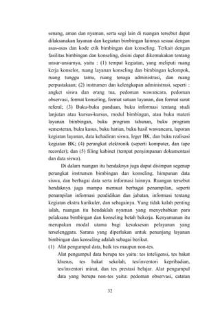 32
senang, aman dan nyaman, serta segi lain di ruangan tersebut dapat
dilaksanakan layanan dan kegiatan bimbingan lainnya sesuai dengan
asas-asas dan kode etik bimbingan dan konseling. Terkait dengan
fasilitas bimbingan dan konseling, disini dapat dikemukakan tentang
unsur-unsurnya, yaitu : (1) tempat kegiatan, yang meliputi ruang
kerja konselor, ruang layanan konseling dan bimbingan kelompok,
ruang tunggu tamu, ruang tenaga administrasi, dan ruang
perpustakaan; (2) instrumen dan kelengkapan administrasi, seperti :
angket siswa dan orang tua, pedoman wawancara, pedoman
observasi, format konseling, format satuan layanan, dan format surat
referal; (3) Buku-buku panduan, buku informasi tentang studi
lanjutan atau kursus-kursus, modul bimbingan, atau buku materi
layanan bimbingan, buku program tahunan, buku program
semesteran, buku kasus, buku harian, buku hasil wawancara, laporan
kegiatan layanan, data kehadiran siswa, leger BK, dan buku realisasi
kegiatan BK; (4) perangkat elektronik (seperti komputer, dan tape
recorder); dan (5) filing kabinet (tempat penyimpanan dokumentasi
dan data siswa).
Di dalam ruangan itu hendaknya juga dapat disimpan segenap
perangkat instrumen bimbingan dan konseling, himpunan data
siswa, dan berbagai data serta informasi lainnya. Ruangan tersebut
hendaknya juga mampu memuat berbagai penampilan, seperti
penampilan informasi pendidikan dan jabatan, informasi tentang
kegiatan ekstra kurikuler, dan sebagainya. Yang tidak kalah penting
ialah, ruangan itu hendaklah nyaman yang menyebabkan para
pelaksana bimbingan dan konseling betah bekerja. Kenyamanan itu
merupakan modal utama bagi kesuksesan pelayanan yang
terselenggara. Sarana yang diperlukan untuk penunjang layanan
bimbingan dan konseling adalah sebagai berikut.
(1) Alat pengumpul data, baik tes maupun non-tes.
Alat pengumpul data berupa tes yaitu: tes inteligensi, tes bakat
khusus, tes bakat sekolah, tes/inventori kepribadian,
tes/inventori minat, dan tes prestasi belajar. Alat pengumpul
data yang berupa non-tes yaitu: pedoman observasi, catatan
 