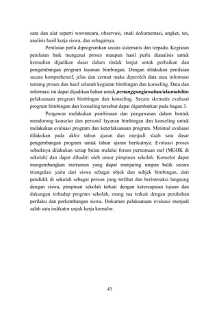 43
cara dan alat seperti wawancara, observasi, studi dokumentasi, angket, tes,
analisis hasil kerja siswa, dan sebagainya.
Penilaian perlu diprogramkan secara sistematis dan terpadu. Kegiatan
penilaian baik mengenai proses maupun hasil perlu dianalisis untuk
kemudian dijadikan dasar dalam tindak lanjut untuk perbaikan dan
pengembangan program layanan bimbingan. Dengan dilakukan penilaian
secara komprehensif, jelas dan cermat maka diperoleh data atau informasi
tentang proses dan hasil seluruh kegiatan bimbingan dan konseling. Data dan
informasi ini dapat dijadikan bahan untuk pertanggungjawaban/akuntabiltas
pelaksanaan program bimbingan dan konseling. Secara skematis evaluasi
program bimbingan dan konseling tersebut dapat digambarkan pada bagan 3.
Pengawas melakukan pembinaan dan pengawasan dalam bentuk
mendorong konselor dan personil layanan bimbingan dan konseling untuk
melakukan evaluasi program dan keterlaksanaan program. Minimal evaluasi
dilakukan pada akhir tahun ajaran dan menjadi slaah satu dasar
pengembangan program untuk tahun ajaran berikutnya. Evaluasi proses
sebaiknya dilakukan setiap bulan melalui forum pertemuan staf (MGBK di
sekolah) dan dapat dihadiri oleh unsur pimpinan sekolah. Konselor dapat
mengembangkan instrumen yang dapat menjaring umpan balik secara
triangulasi yaitu dari siswa sebagai objek dan subjek bimbingan, dari
pendidik di sekolah sebagai person yang terlibat dan berinteraksi langsung
dengan siswa, pimpinan sekolah terkait dengan ketercapaian tujuan dan
dukungan terhadap program sekolah, orang tua terkait dengan perubahan
perilaku dan perkembangan siswa. Dokumen pelaksanaan evaluasi menjadi
salah satu indikator unjuk kerja konselor.
 