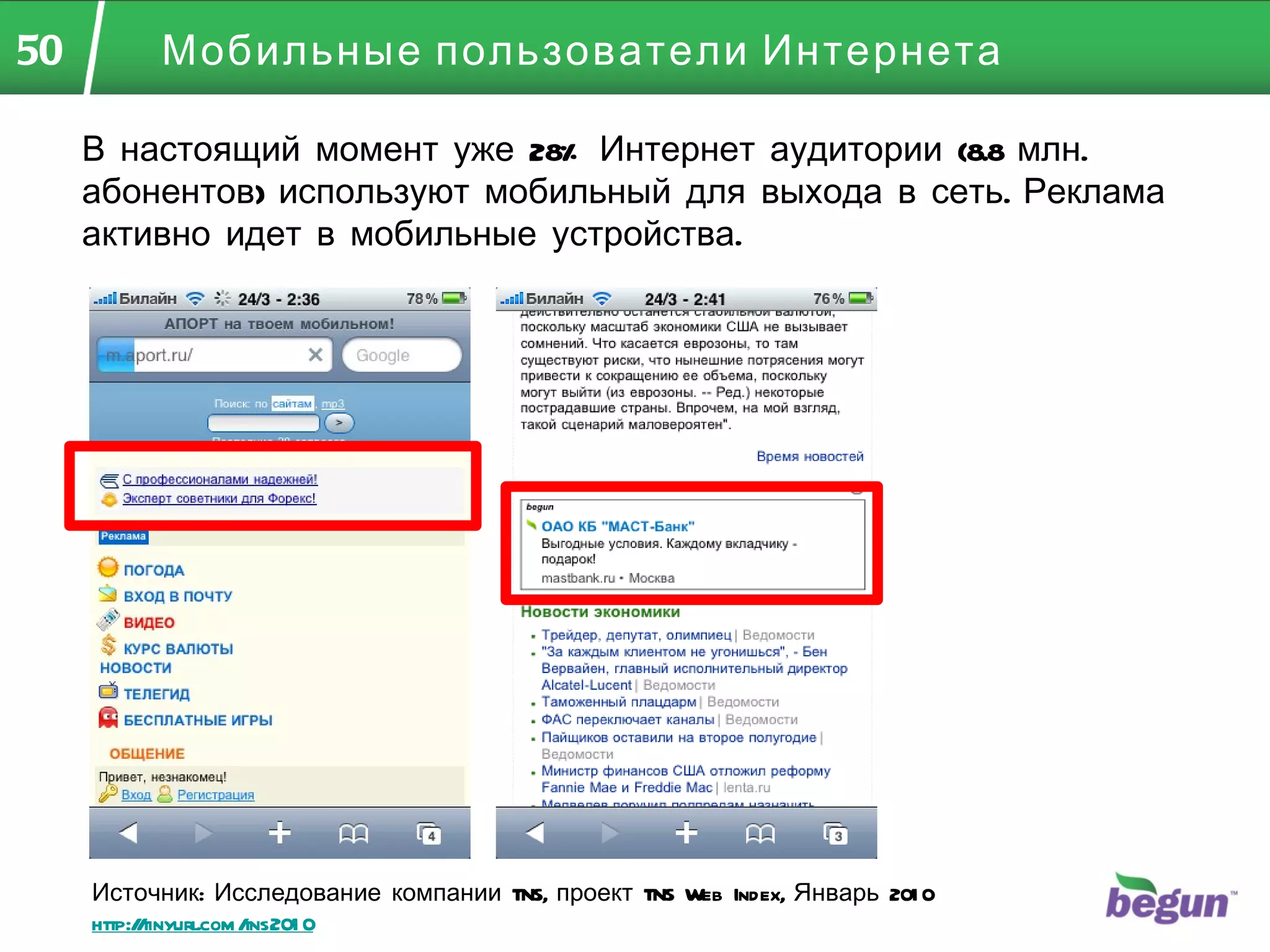 Мобильные пользователи Интернета В настоящий момент уже 28% Интернет аудитории (8.8 млн. абонентов) используют мобильный для выхода в сеть. Реклама активно идет в мобильные устройства. Источник: Исследование компании TNS, проект TNS Web Index, Январь 2010  http://tinyurl.com/tns2010 