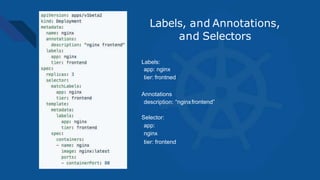 Labels:
app: nginx
tier: frontned
Annotations
description: “nginxfrontend”
Selector:
app:
nginx
tier: frontend
Labels, and Annotations,
and Selectors
 